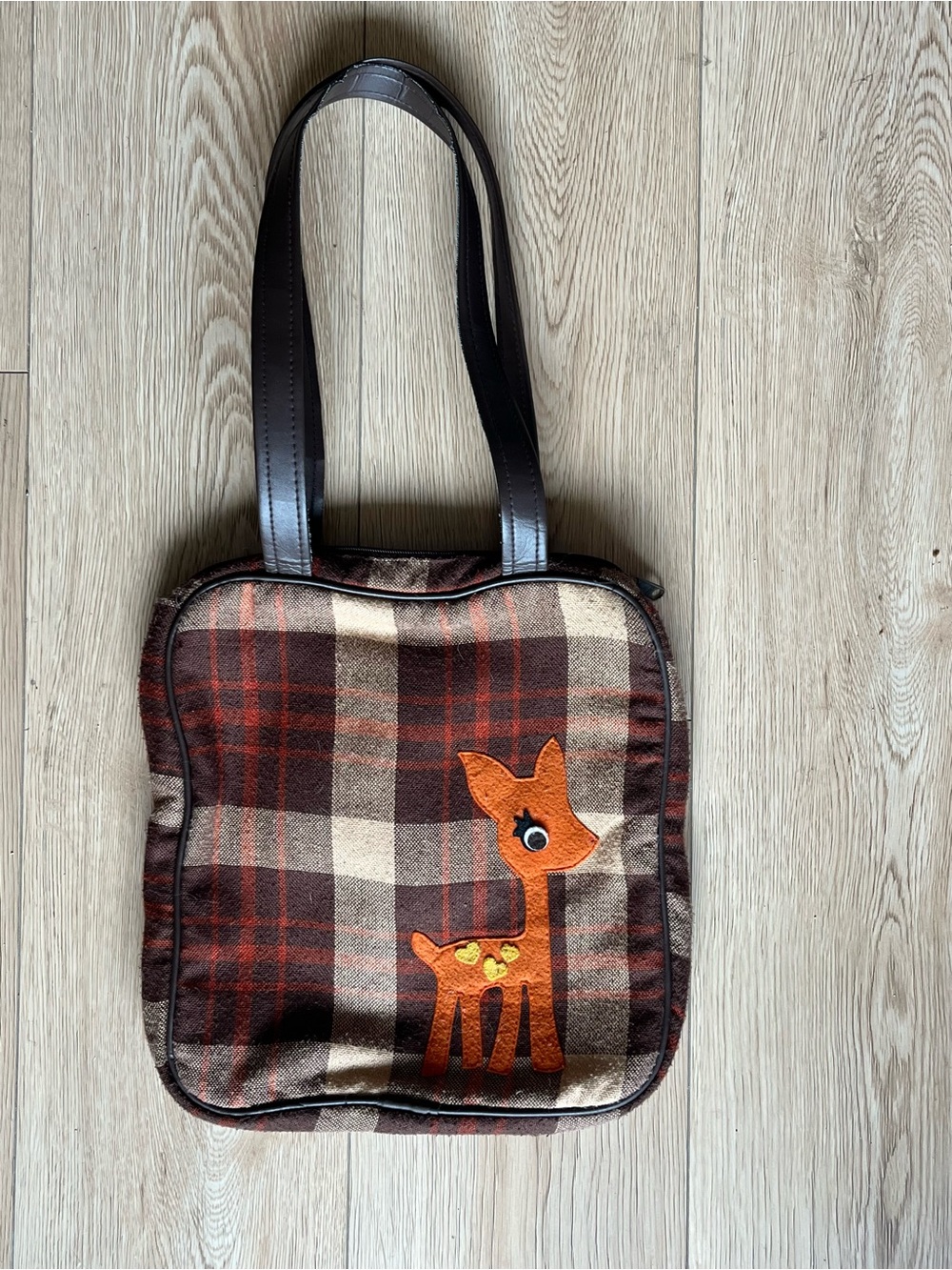 Plaid Brown & Orange Deer Applique Tote Bag